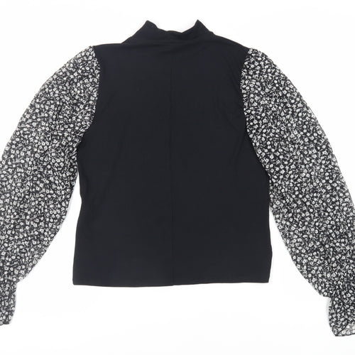 Zara Womens Black Floral Polyester Basic Blouse Size L Mock Neck - Sheer Sleeves