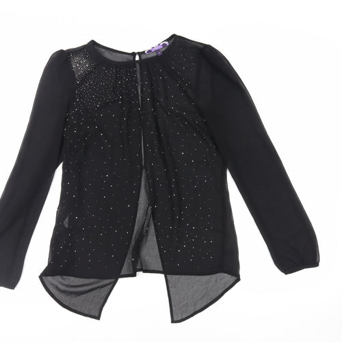 NEXT Womens Black Polyester Basic Blouse Size 10 Round Neck - Rhinestone Sheer