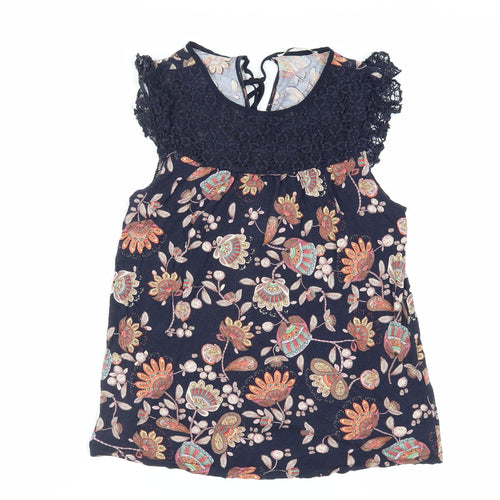 Oasis Womens Blue Paisley Viscose Basic Blouse Size S Round Neck - Crochet Detail