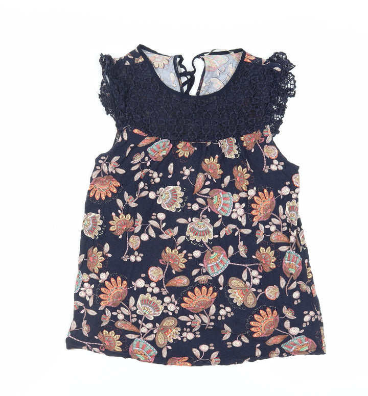 Oasis Womens Blue Paisley Viscose Basic Blouse Size S Round Neck - Crochet Detail