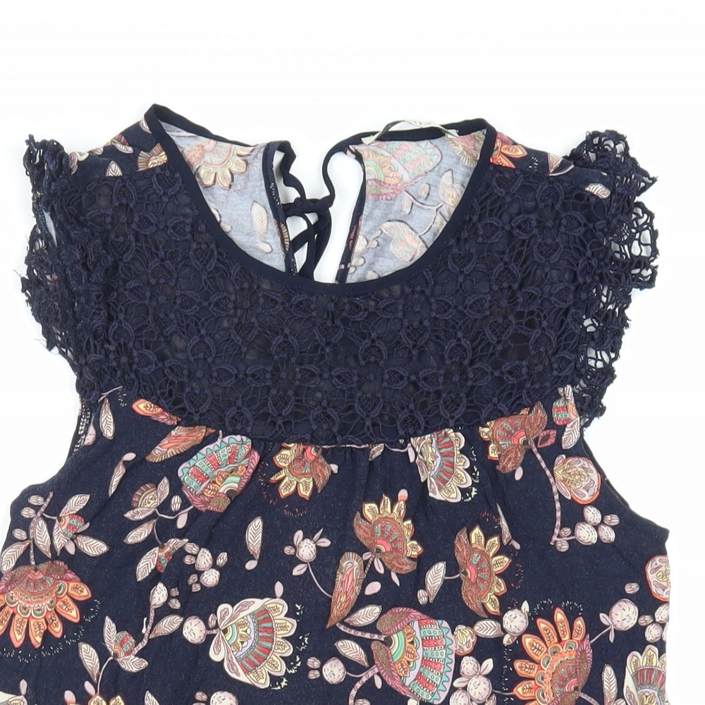 Oasis Womens Blue Paisley Viscose Basic Blouse Size S Round Neck - Crochet Detail