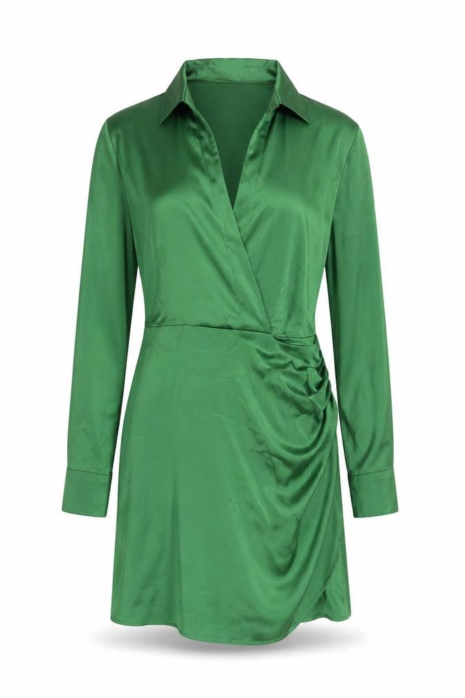 Front view of Cider women’s green polyester shirt dress, size M, collared zip