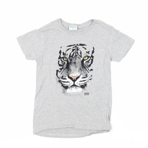 Taronga Girls Grey Cotton Pullover T-Shirt Size 10-11 Years Crew Neck Pullover - Tiger