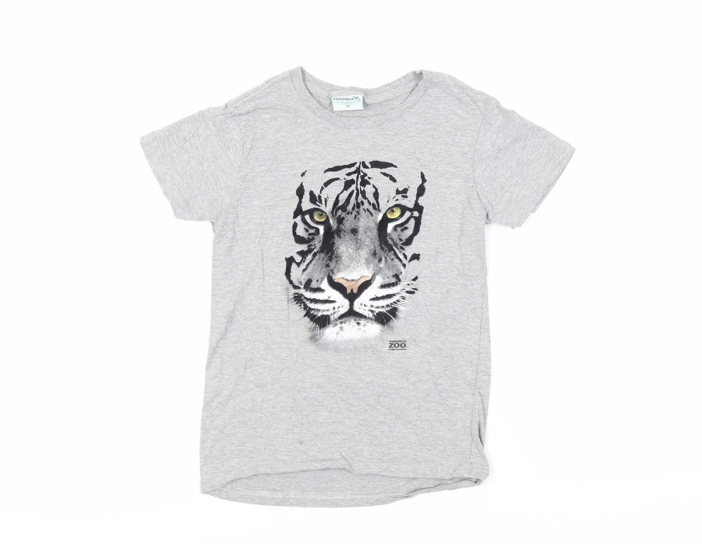 Taronga Girls Grey Cotton Pullover T-Shirt Size 10-11 Years Crew Neck Pullover - Tiger