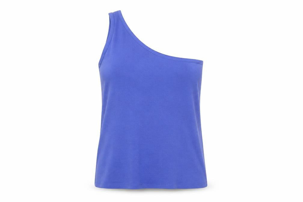 Front view of Marks & Spencer women’s blue cotton basic tank, size UK 20, one shoulder - ribbed