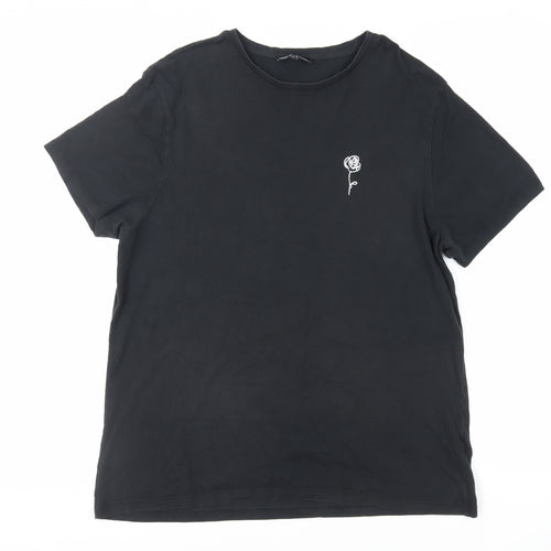 New Look Men Mens Black Cotton T-Shirt Size XL Crew Neck - Embroidered Detail