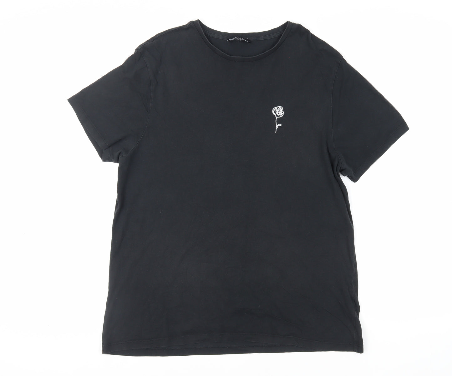 New Look Men Mens Black Cotton T-Shirt Size XL Crew Neck - Embroidered Detail