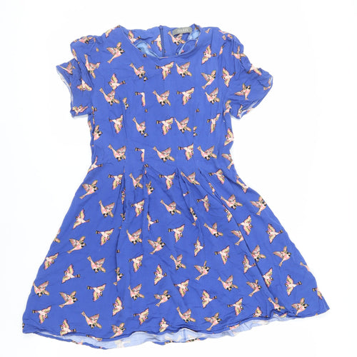 Oasis Womens Blue Geometric Viscose Fit & Flare Size 10 Round Neck Zip - Bird Pattern