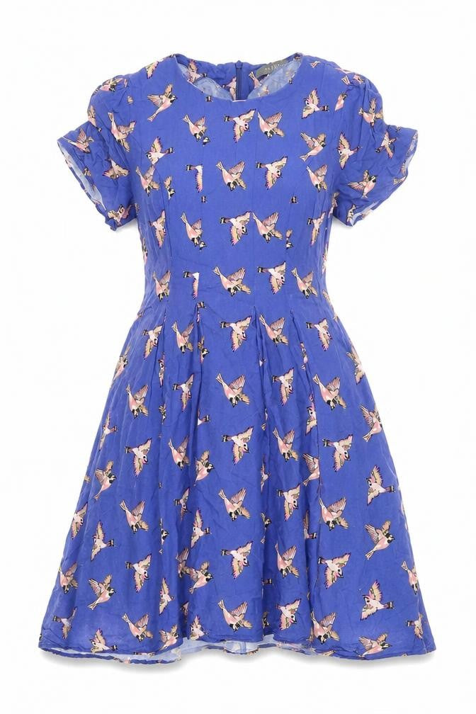 Front view of Oasis women’s blue geometric viscose fit & flare, size UK 10, round neck zip - bird pattern