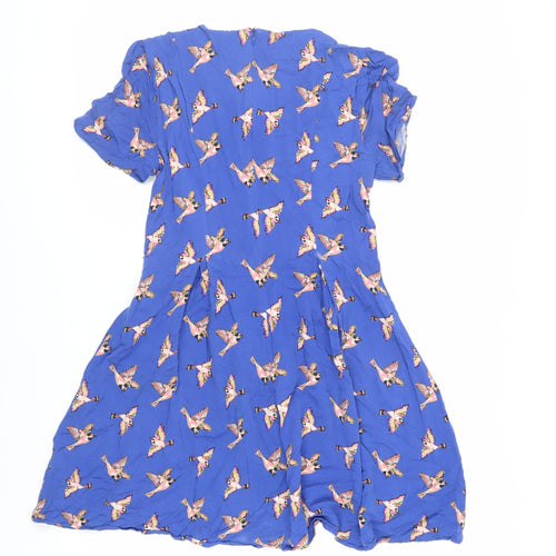 Oasis Womens Blue Geometric Viscose Fit & Flare Size 10 Round Neck Zip - Bird Pattern
