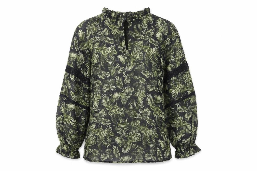 Front view of Zara women’s black floral polyester basic blouse, size M, v-neck - sheer