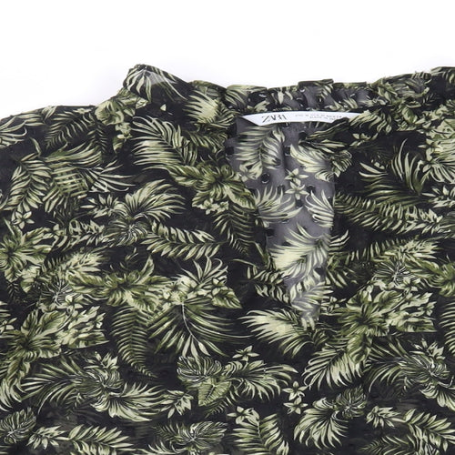 Zara Womens Black Floral Polyester Basic Blouse Size M V-Neck - Sheer
