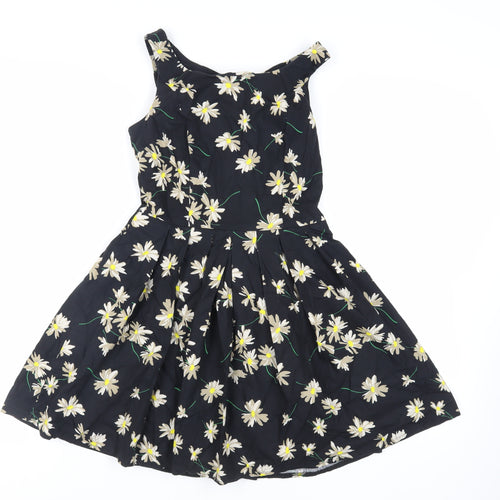 New Look Womens Black Floral Cotton Skater Dress Size 10 Scoop Neck Zip