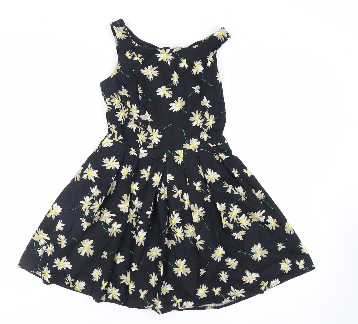 New Look Womens Black Floral Cotton Skater Dress Size 10 Scoop Neck Zip