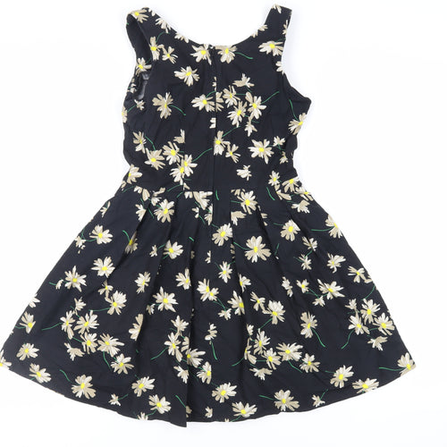 New Look Womens Black Floral Cotton Skater Dress Size 10 Scoop Neck Zip