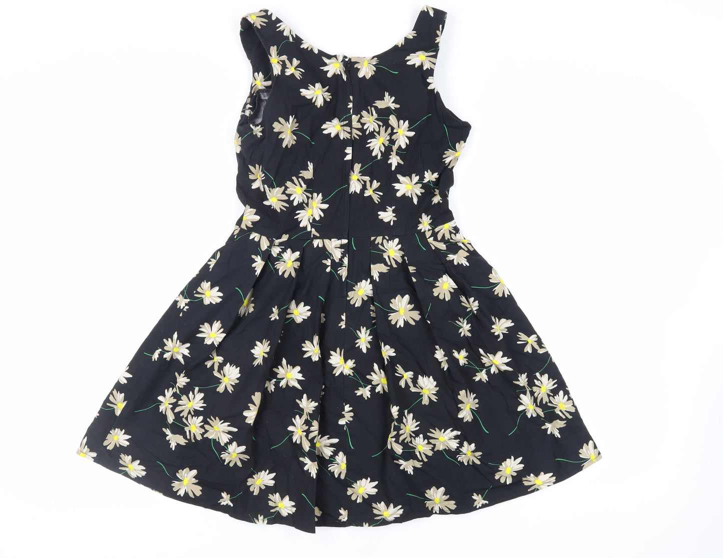 New Look Womens Black Floral Cotton Skater Dress Size 10 Scoop Neck Zip