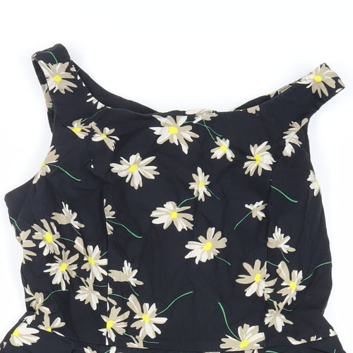 New Look Womens Black Floral Cotton Skater Dress Size 10 Scoop Neck Zip