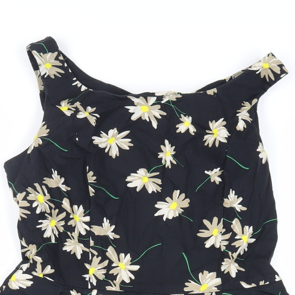 New Look Womens Black Floral Cotton Skater Dress Size 10 Scoop Neck Zip