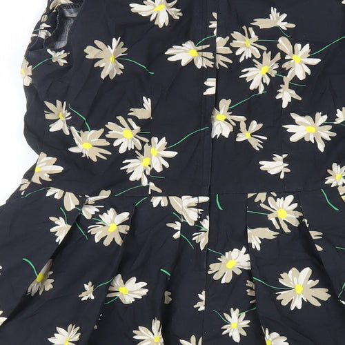 New Look Womens Black Floral Cotton Skater Dress Size 10 Scoop Neck Zip
