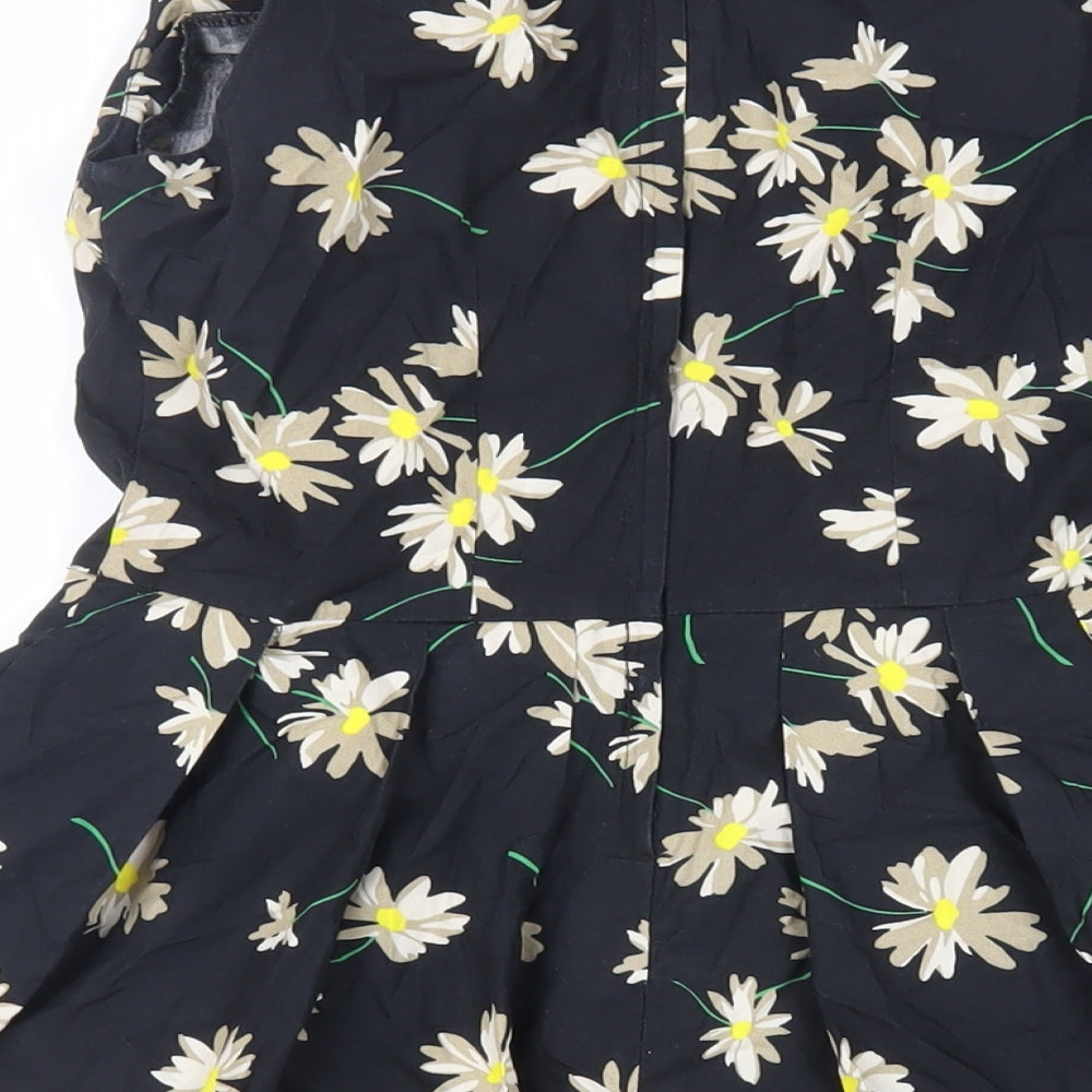 New Look Womens Black Floral Cotton Skater Dress Size 10 Scoop Neck Zip
