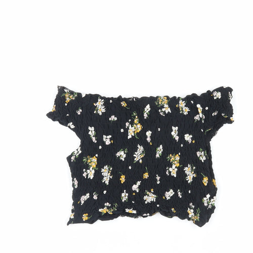 Miss Selfridge Womens Black Floral Cotton Cropped Tank Size 8 Off the Shoulder - Shirred