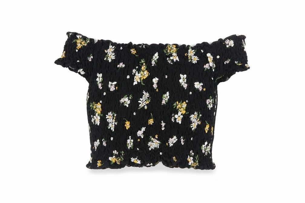 Miss Selfridge Womens Black Floral Cotton Cropped Tank Size 8 Off the Shoulder - Shirred