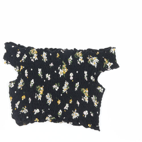 Miss Selfridge Womens Black Floral Cotton Cropped Tank Size 8 Off the Shoulder - Shirred