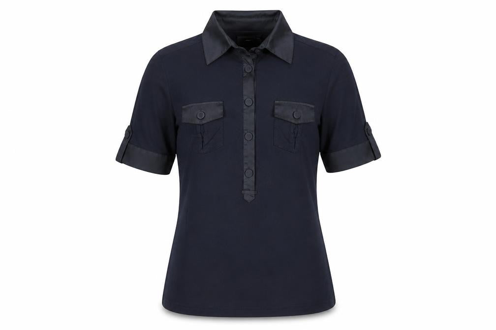 Front view of Next women’s blue viscose basic blouse, size UK 12, collared