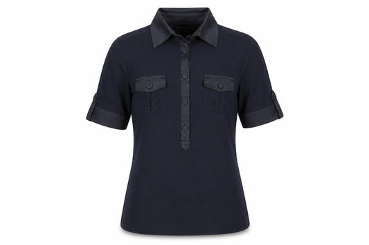 Front view of Next women’s blue viscose basic blouse, size UK 12, collared