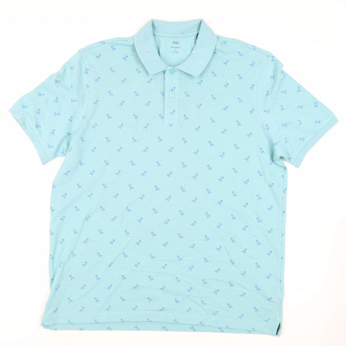 Marks and Spencer Mens Blue Geometric Cotton Polo Size XL Collared Button - Bird Pattern