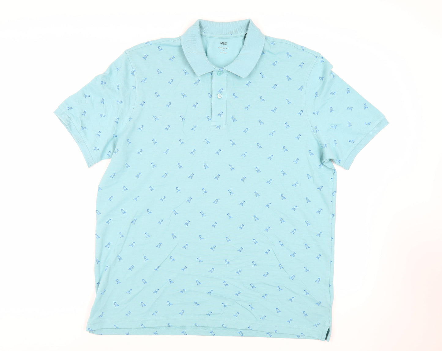 Marks and Spencer Mens Blue Geometric Cotton Polo Size XL Collared Button - Bird Pattern