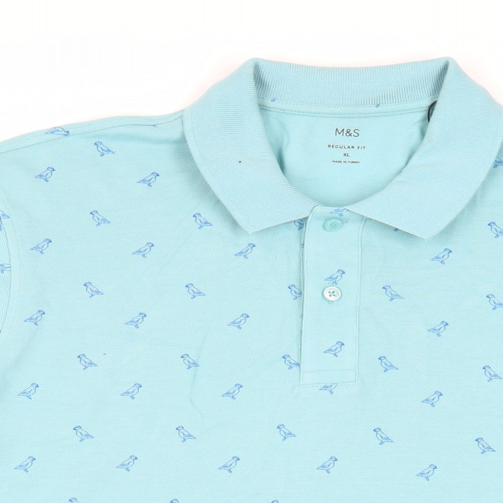 Marks and Spencer Mens Blue Geometric Cotton Polo Size XL Collared Button - Bird Pattern