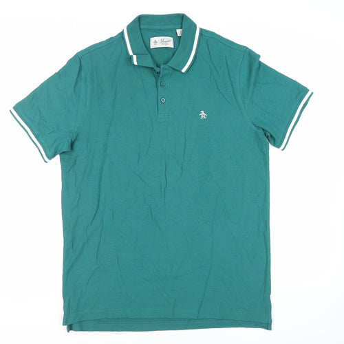 Penguin Mens Green Cotton Polo Size L Collared Button - Logo