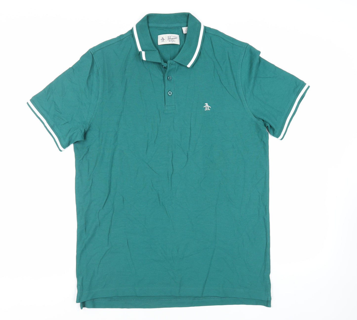 Penguin Mens Green Cotton Polo Size L Collared Button - Logo