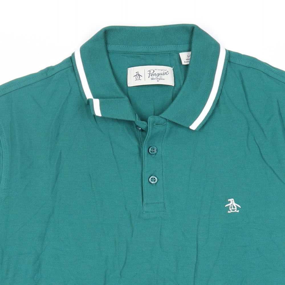 Penguin Mens Green Cotton Polo Size L Collared Button - Logo