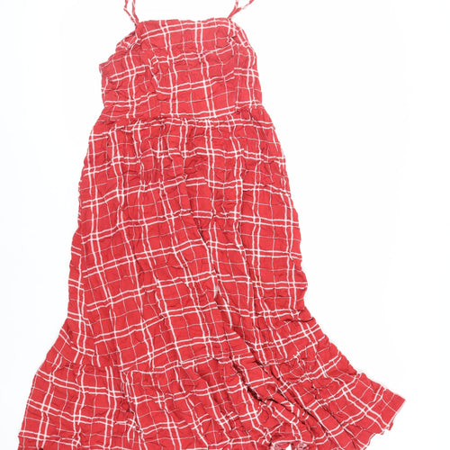 New Look Womens Red Plaid Viscose Slip Dress Size 12 Square Neck Pullover - Ruffle