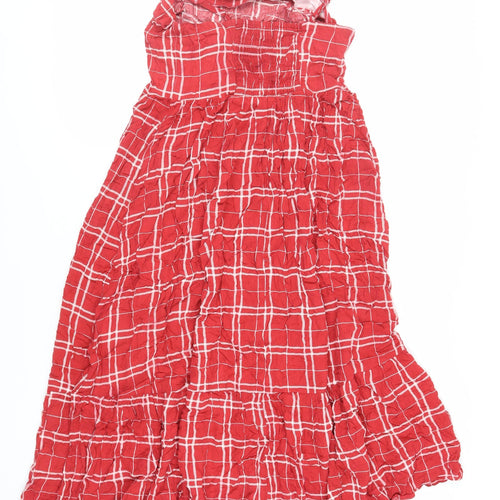 New Look Womens Red Plaid Viscose Slip Dress Size 12 Square Neck Pullover - Ruffle