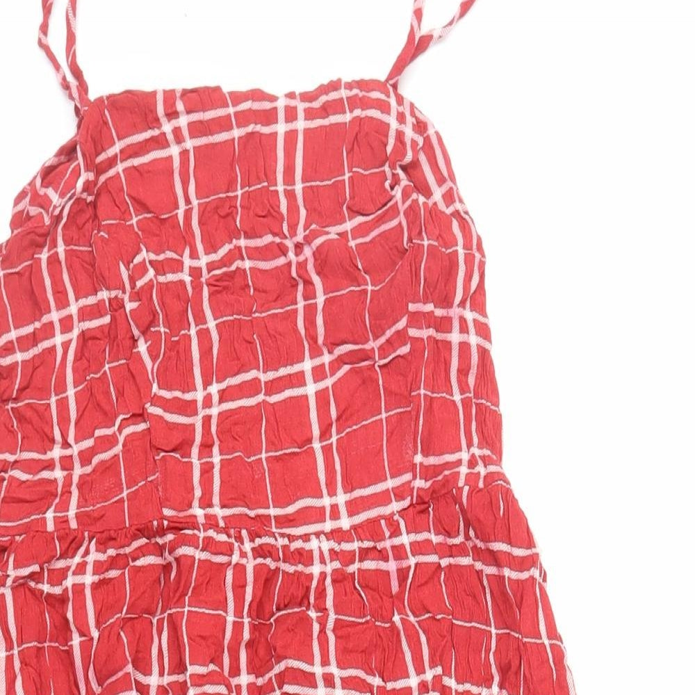New Look Womens Red Plaid Viscose Slip Dress Size 12 Square Neck Pullover - Ruffle
