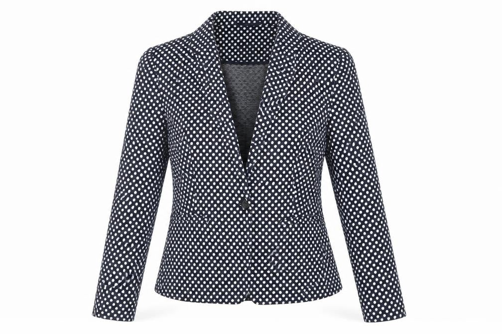 Front view of Marks & Spencer women’s blue polka dot jacket blazer, size UK 10, - open