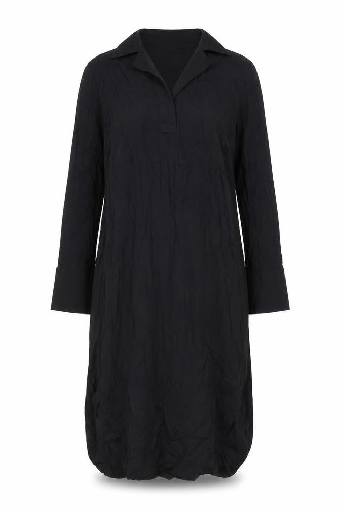 Front view of H&M women’s black viscose shirt dress, size XS, collared pullover