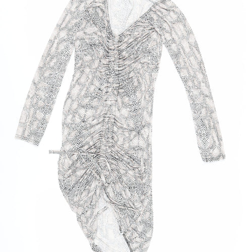 PRETTYLITTLETHING Womens Ivory Animal Print Polyester Bodycon Size 10 V-Neck Pullover - Ruched