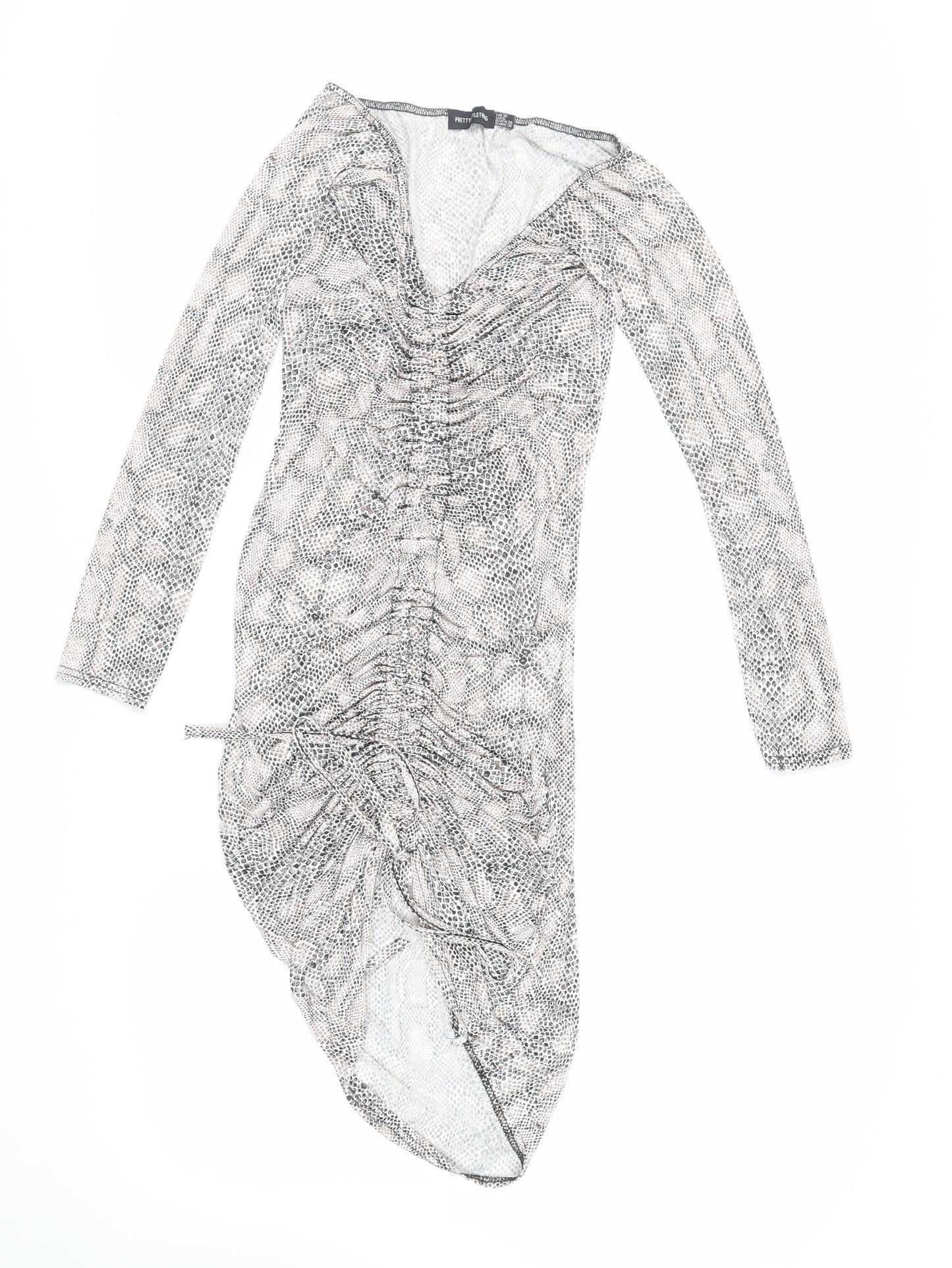 PRETTYLITTLETHING Womens Ivory Animal Print Polyester Bodycon Size 10 V-Neck Pullover - Ruched