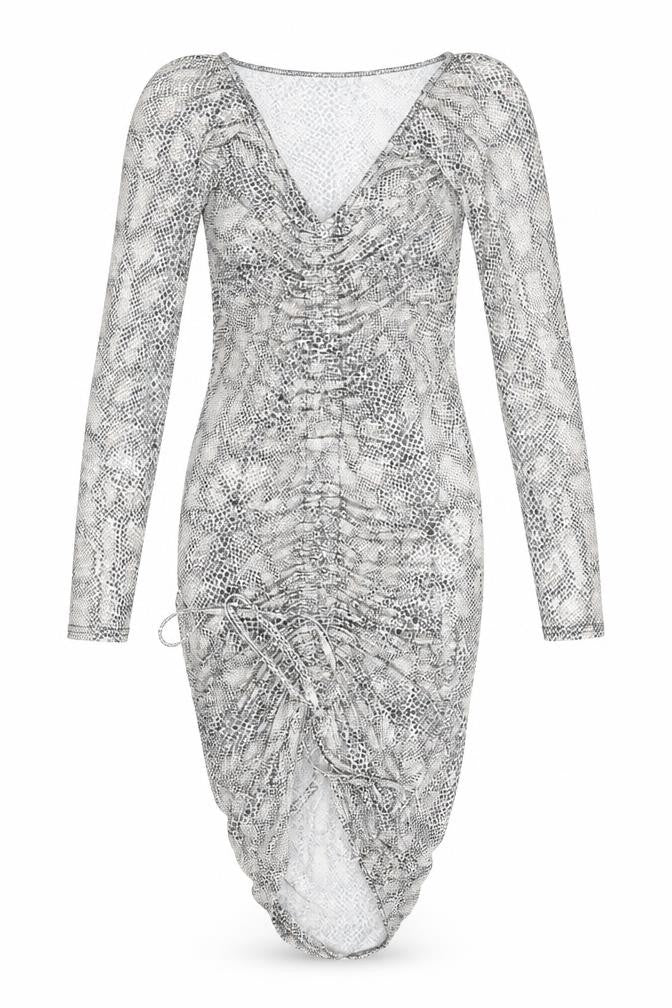 Front view of PRETTYLITTLETHING women’s ivory animal print polyester bodycon, size UK 10, v-neck pullover - ruched