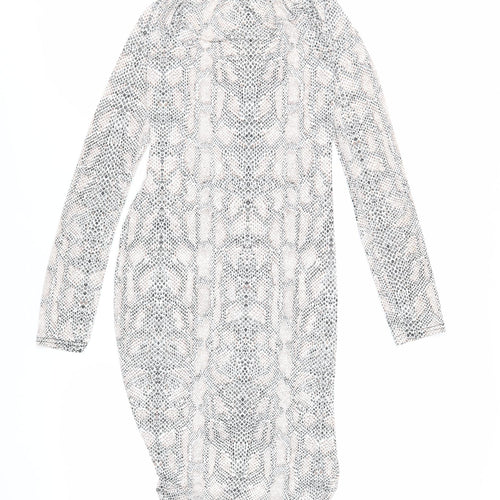 PRETTYLITTLETHING Womens Ivory Animal Print Polyester Bodycon Size 10 V-Neck Pullover - Ruched