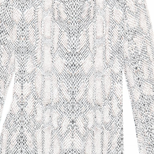 PRETTYLITTLETHING Womens Ivory Animal Print Polyester Bodycon Size 10 V-Neck Pullover - Ruched