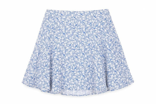 Front view of New Look women’s blue floral viscose skater skirt, size UK 12, zip