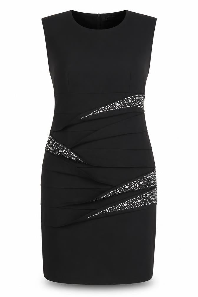 Front view of EVENE women’s black polyester pencil dress, size UK 14, round neck zip - embellished