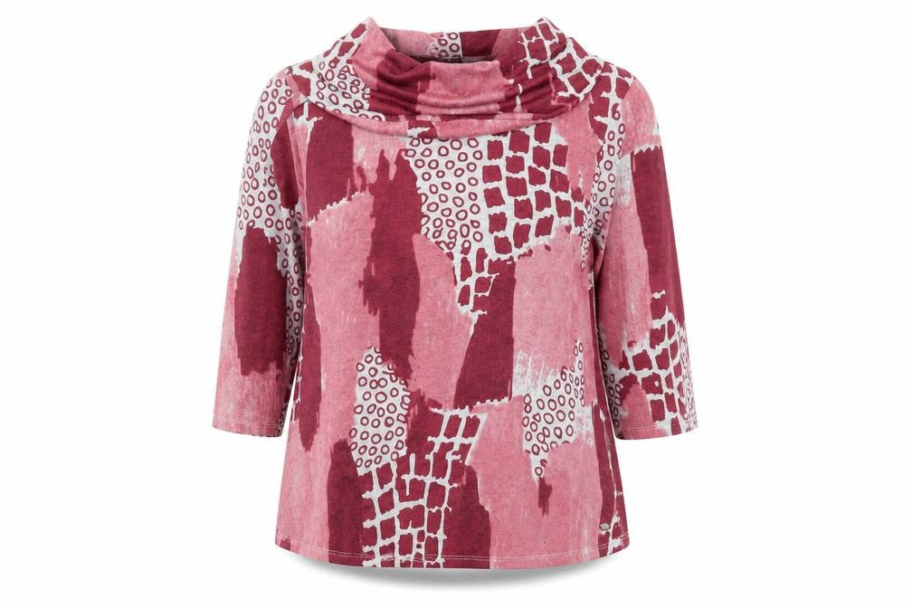 Front view of TIGI women’s pink roll neck geometric polyester jumper, size UK 18, - lightweight