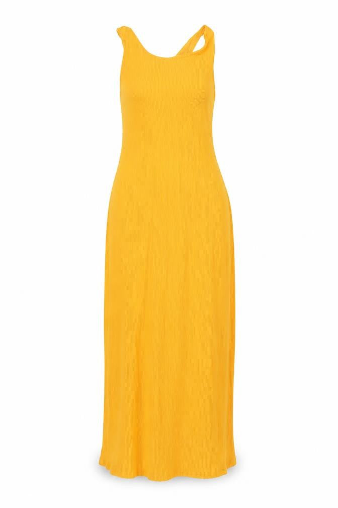Front view of H7M women’s orange viscose tank dress, size M, round neck pullover - ribbed backless