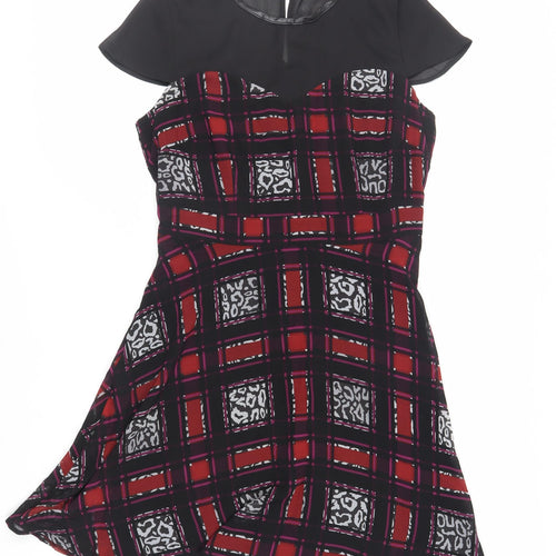 Marks and Spencer Womens Black Geometric Polyester A-Line Size 10 Round Neck Zip - Lined